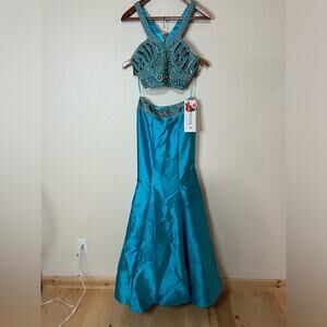 Shail K 4039 turquoise beaded satin halter mermaid two piece prom NEW 2